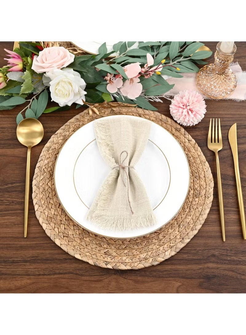 ح واحة 10 قطع من المناديل القطنية الكتانية، مناديل عشاء مجعدة مقاس 43 × 43 سم، مناديل عشاء ريفية قابلة للغسل، مناديل بيج مصنوعة يدويًا مع هامش لحفلات الزفاف المنزلية - Image 3