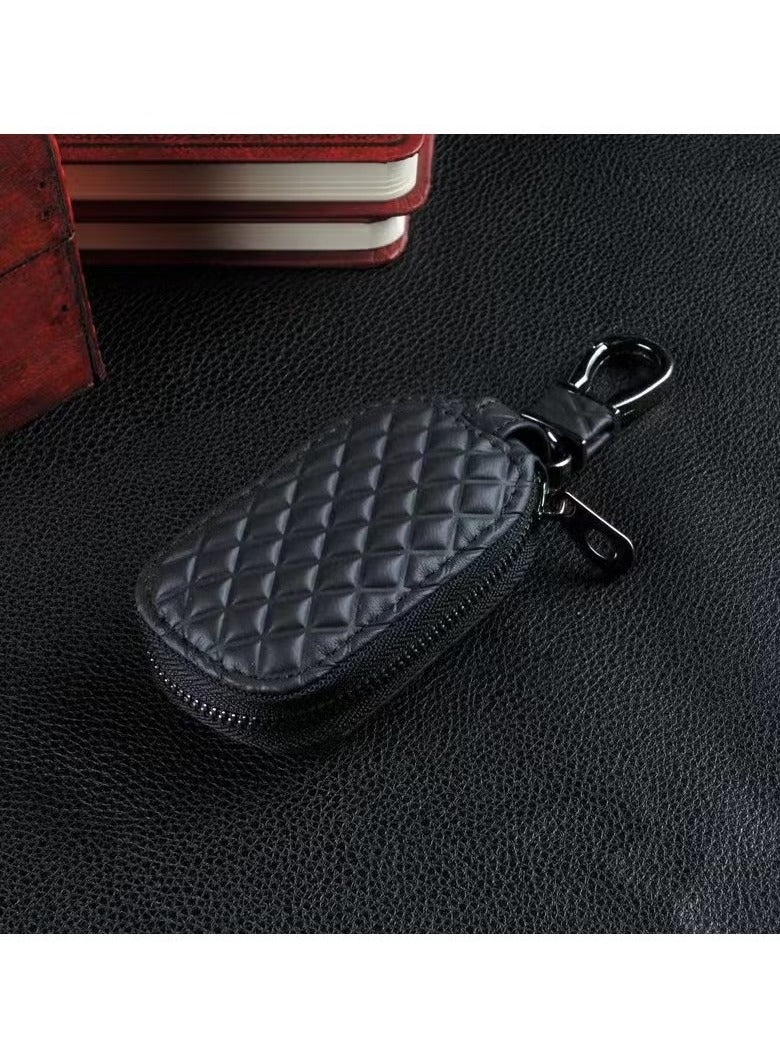 Generic Car Key Case, Genuine Leather Remote Key Fob Cover, Keychain Holder with Metal Hook, Universal Vehicle Keyring Zipper Bag (Black) - Image 1