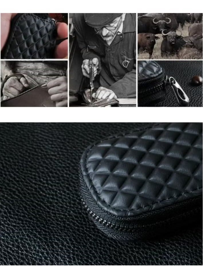 Generic Car Key Case, Genuine Leather Remote Key Fob Cover, Keychain Holder with Metal Hook, Universal Vehicle Keyring Zipper Bag (Black) - Image 2