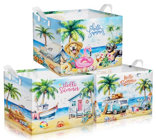 Geelin 3 Pcs Beach Baskets Summer Storage Basket for Gifts Collapsible Waterproof Canvas Cute Storage Bin Organizer with Handles for Book Closet Shelf Nursery Decor - Image 1