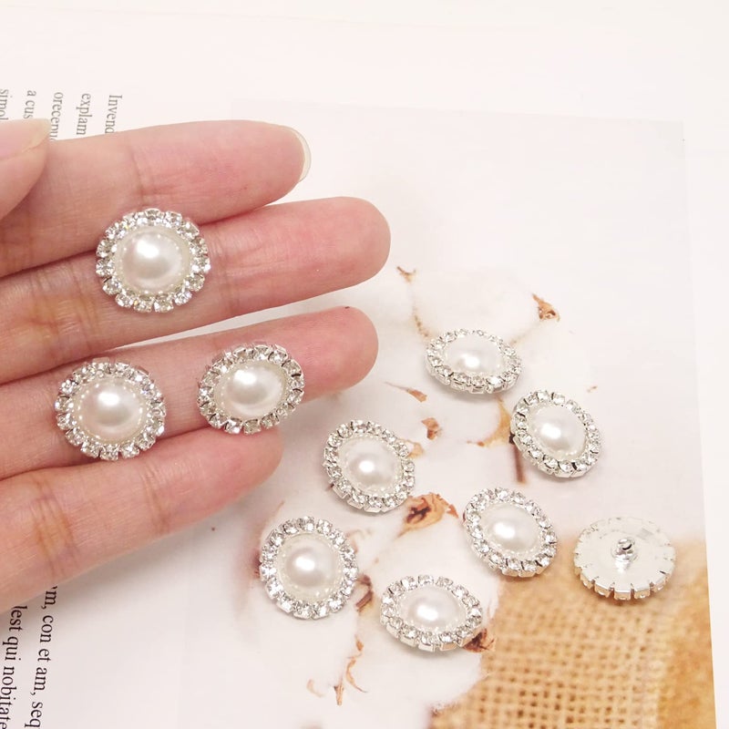 Honbay 10PCS 16mm/0.63inch Round Rhinestone Faux Pearl Buttons Embellishments - Sew on (White) - Image 3