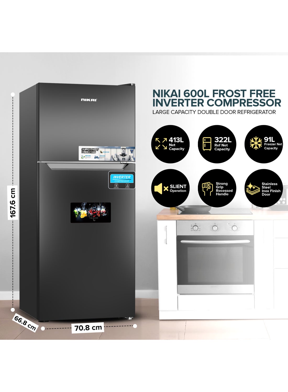 NIKAI 600L Gross & 413L Net Double Door No Frost Top Mount