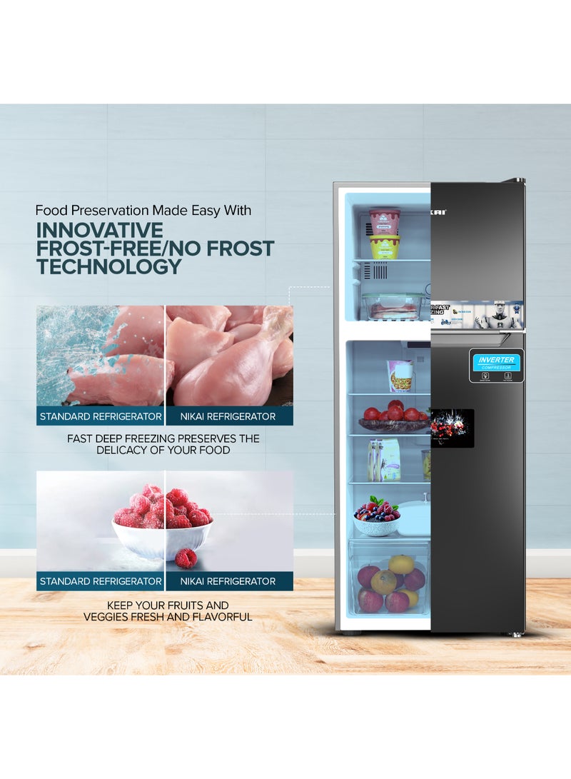 NIKAI 600L Gross & 413L Net Double Door No Frost Top Mount Refrigerator, Silent & Energy Efficient, Inverter Compressor Fridge, Frost-Free, Best for Home & Kitchen - 348.3 W NRF601FSSINV Grey - Image 4