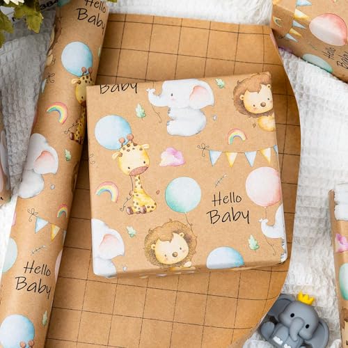 Retrify Baby Shower Kraft Wrapping Paper, 17 Inch x 32.8 Feet Cute Lion Elephant Themed Colorful Balloon Rainbow Gift Wrap with Grid Cutting Lines for Boy Girl Kid Birthday - Image 5