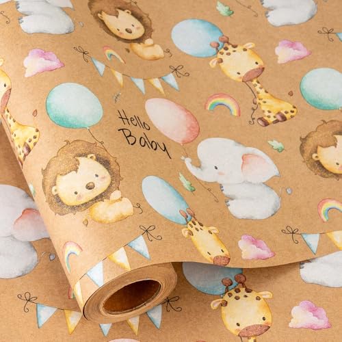 Retrify Baby Shower Kraft Wrapping Paper, 17 Inch x 32.8 Feet Cute Lion Elephant Themed Colorful Balloon Rainbow Gift Wrap with Grid Cutting Lines for Boy Girl Kid Birthday - Image 1