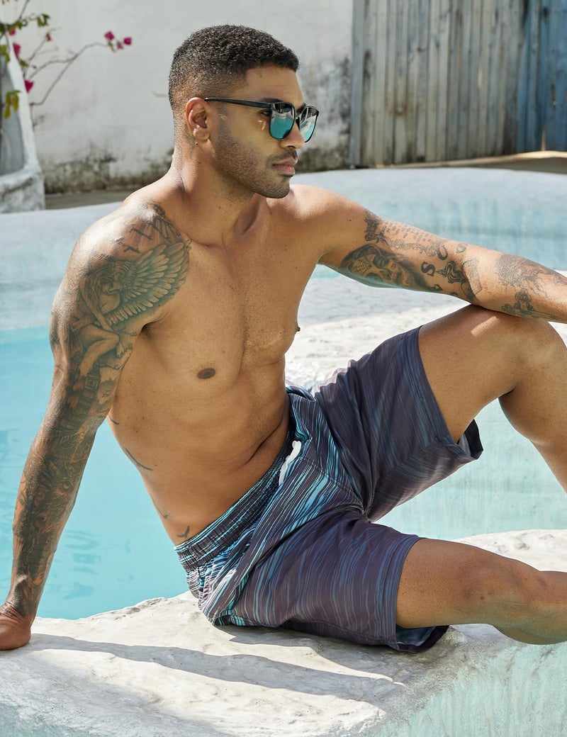 westwolf Men's Board Shorts with Compression Liner Stretch Black Stripe Swimming Trunks for Mens Novelty 9" Beach Shorts Brief Liner Quick Dry Man Hawaiian Swim Suits Summer Swimwear L - Image 4