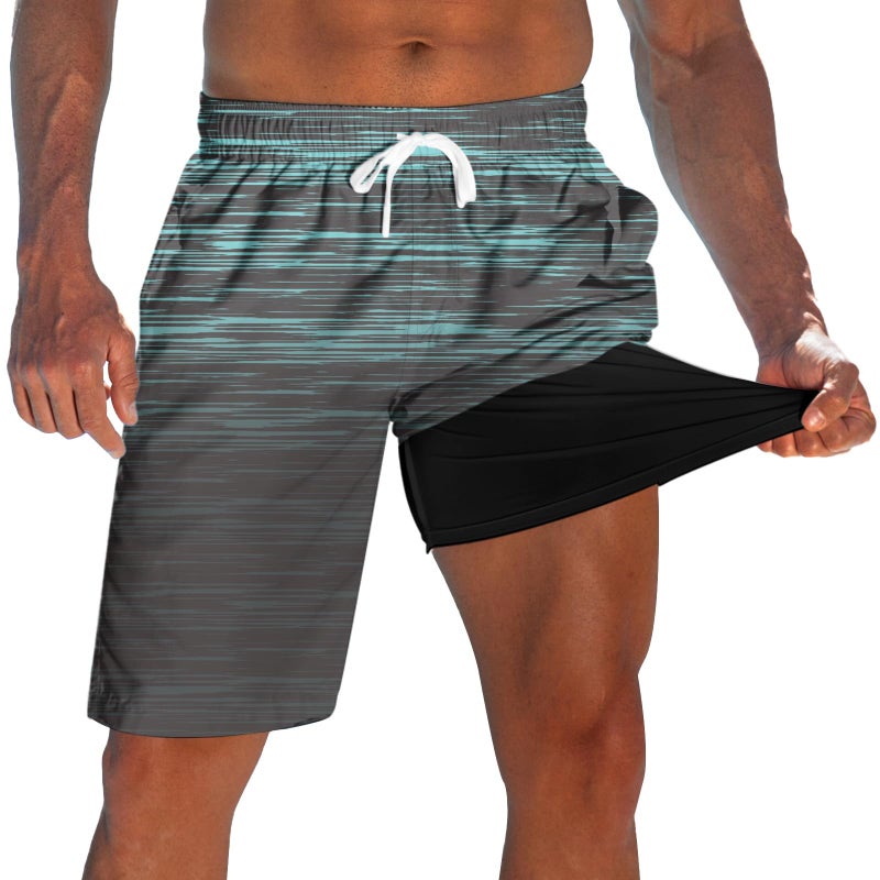 westwolf Men's Board Shorts with Compression Liner Stretch Black Stripe Swimming Trunks for Mens Novelty 9" Beach Shorts Brief Liner Quick Dry Man Hawaiian Swim Suits Summer Swimwear L - Image 1