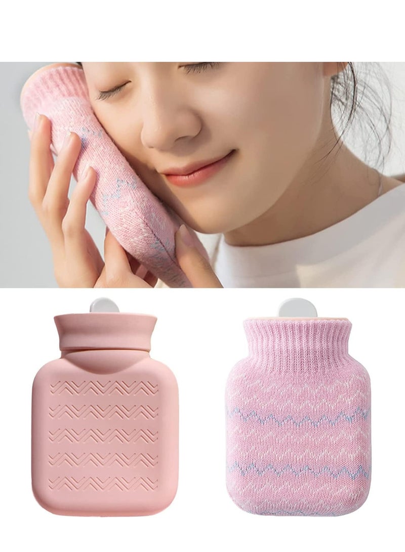 Bukela Hot Water Bottle with Soft Cover, Small Lovely and Reusable Hot Water Bottles Hand Warmers Portable Removeable & Washable Knit Bottle Covers, Microwave Oven Heating Available (Pink)  - Image 1