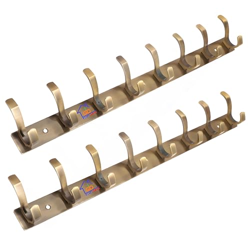 GHAR DWAR S Type Stainless Steel Pin Cloth Hanger Wall Hooks Rail for Hanging Clothes Bathroom Wall Door for Hanging Keys,Towel (8 Pin Brass Antique, Pack of 2) - Image 1