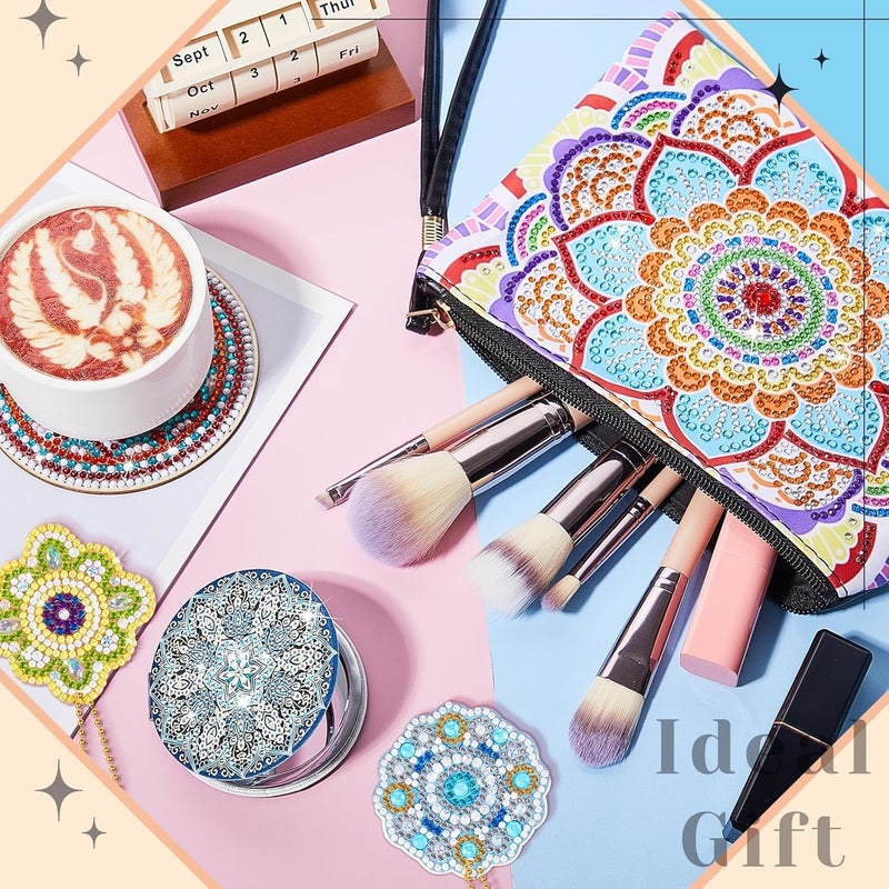 klarako 19 Set Mandala Diamond Painting Kits Include Diamond Art Coasters with Holder DIY Keychains Crafts Personalized Bookmarks Handmade Purses and Compact Mirror for Beginners Party Gift Supplies - Image 3