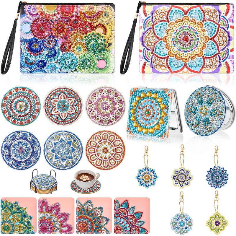 klarako 19 Set Mandala Diamond Painting Kits Include Diamond Art Coasters with Holder DIY Keychains Crafts Personalized Bookmarks Handmade Purses and Compact Mirror for Beginners Party Gift Supplies - Image 1