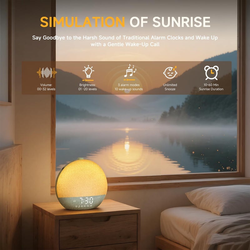 Geuuap Sunrise Alarm Clock White Noise Sound Machine for Bedroom | Natural Wake-Up Light with 30 Soothing Sleep Aids, Bluetooth Speaker, Dimmable Clock, Screen-Free Design for Baby Adults Kids-Green - Image 3