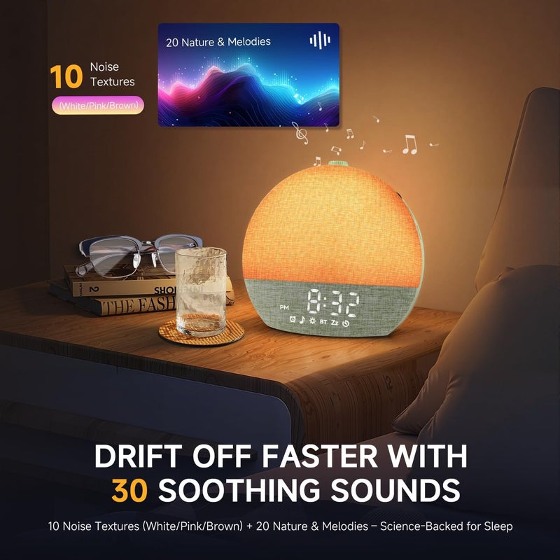 Geuuap Sunrise Alarm Clock White Noise Sound Machine for Bedroom | Natural Wake-Up Light with 30 Soothing Sleep Aids, Bluetooth Speaker, Dimmable Clock, Screen-Free Design for Baby Adults Kids-Green - Image 4