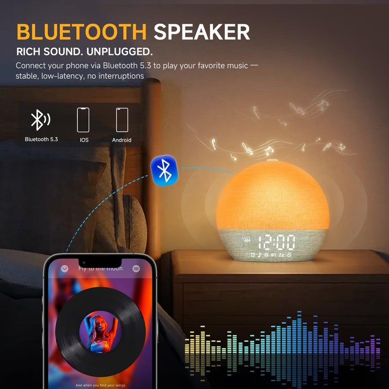Geuuap Sunrise Alarm Clock White Noise Sound Machine for Bedroom | Natural Wake-Up Light with 30 Soothing Sleep Aids, Bluetooth Speaker, Dimmable Clock, Screen-Free Design for Baby Adults Kids-Green - Image 5