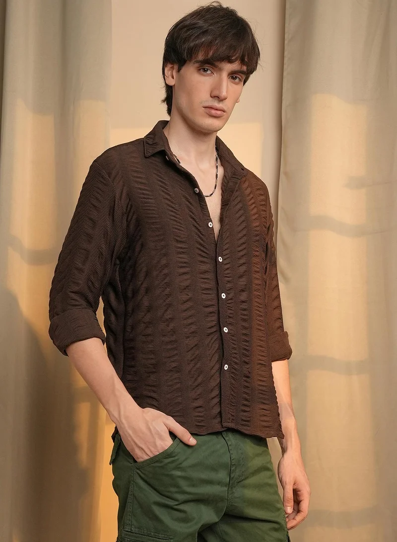 Campus Sutra Men's Chocolate Brown Chunky-Seersucker Shirt