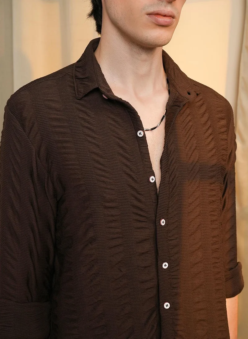 Campus Sutra Men's Chocolate Brown Chunky-Seersucker Shirt