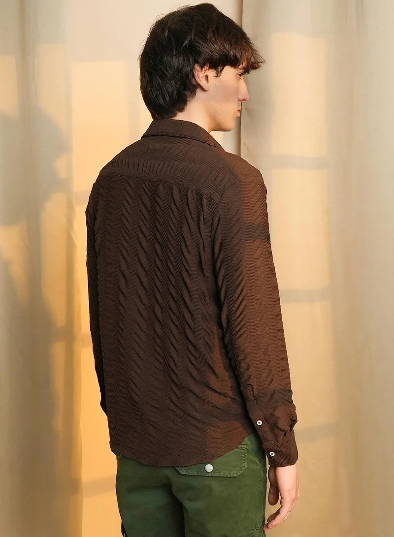 Campus Sutra Men's Chocolate Brown Chunky-Seersucker Shirt