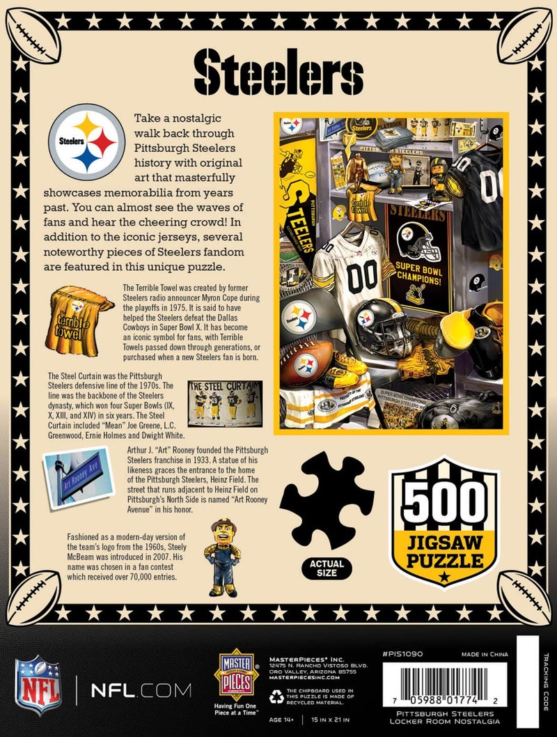 MasterPieces NFL Steelers Puzzle 500 Piece Jigsaw Puzzle, Officially Licensed Pittsburgh Locker Room Artwork, Nostalgic Sports Memorabilia Scene, Eco Friendly Materials, 15 x 21 Collectible Display - Image 3