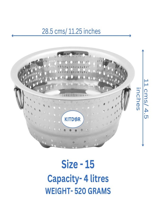 KITDOR Stainless Steel Rice Strainer for Kitchen (Regular) | Steel Colander for Washing Vegetables, Fruits, Rice, Pulses, Noodles and Pasta (with Stand and Handles) (Extra-Large Size, Hole Colander) - Image 4