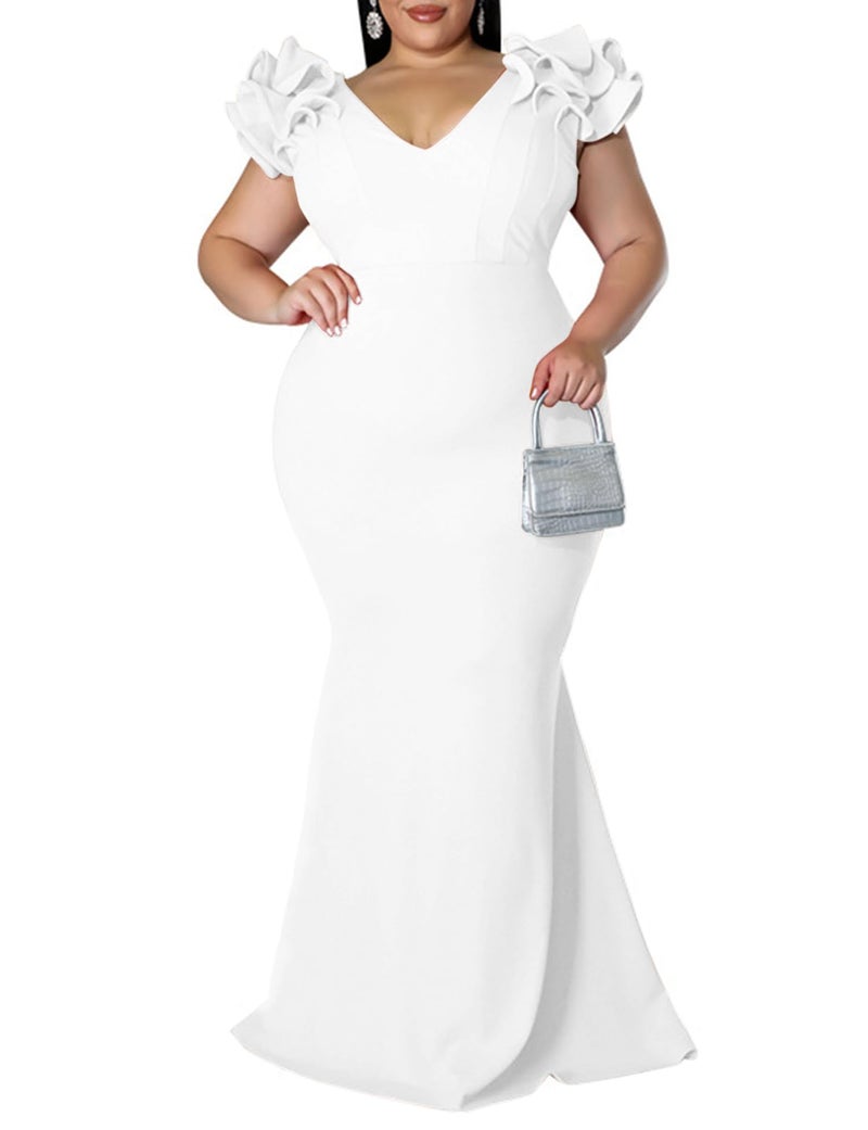 Ekaliy Women's Plus Size Off Shoulder Backless Floor Length Bodycon Maxi Fishtail Prom Dress White XXL - Image 1