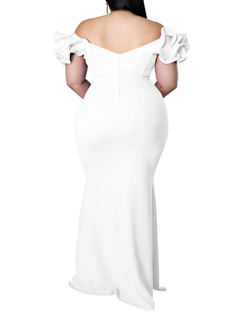 Ekaliy Women's Plus Size Off Shoulder Backless Floor Length Bodycon Maxi Fishtail Prom Dress White XXL - Image 4