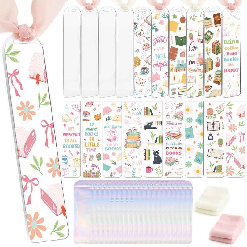 Dazoratix Book Lovers Acrylic Bookmarks - 45 Pcs Cute Acrylic Bookmark Blanks Clear Aesthetic Double-Sided Pastel Bookmark Making Kit UV DTF Transfer Stickers Yellow Pink Ribbon Women DIY Crafts Gifts - Image 1