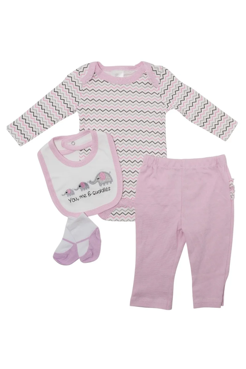 Bambimici Bambimici Little Elephant Print Long Sleeve Bodysuit with Pyjama - Baby Pink