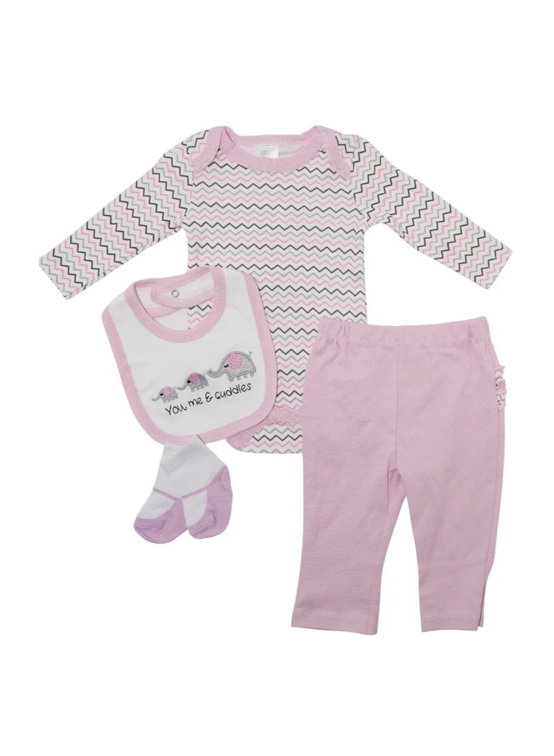 Bambimici Bambimici Little Elephant Print Long Sleeve Bodysuit with Pyjama - Baby Pink