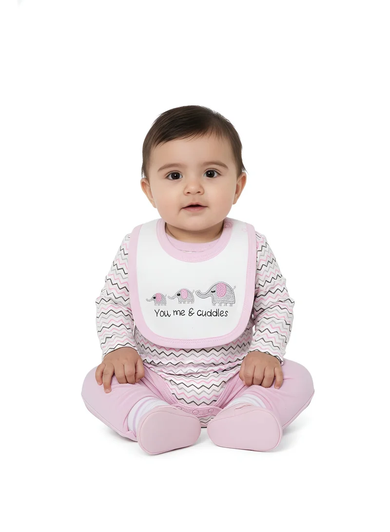 Bambimici Bambimici Little Elephant Print Long Sleeve Bodysuit with Pyjama - Baby Pink
