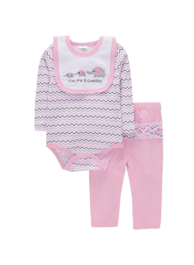 Bambimici Bambimici Little Elephant Print Long Sleeve Bodysuit with Pyjama - Baby Pink