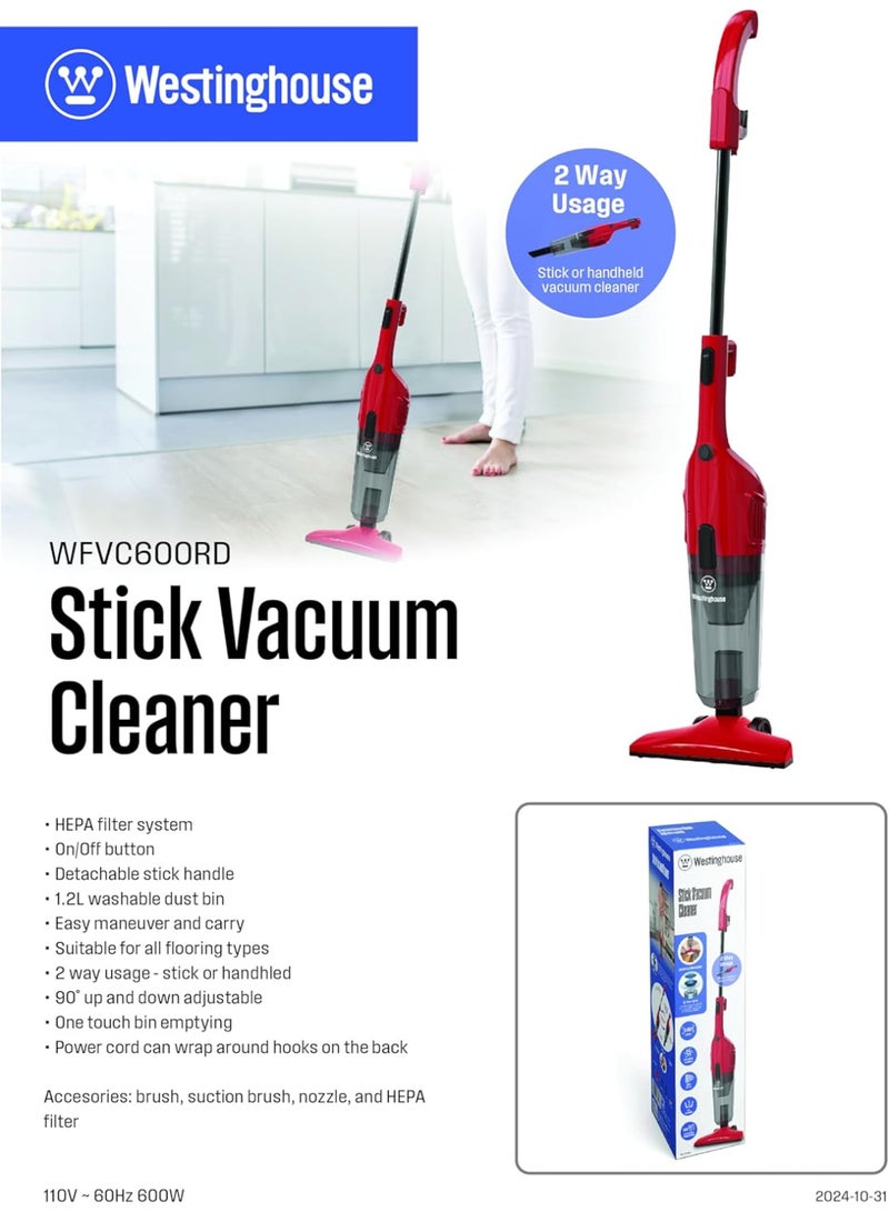 Westinghouse Westinghouse USA 3-in-1 Stick Vacuum Cleaner – Red – 600W Upright & Handheld – 17Kpa Suction, Lightweight Design, 1.2L Dust Capacity - Image 3