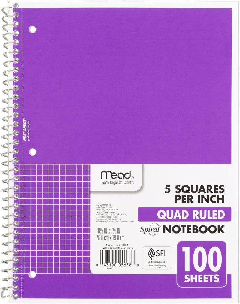 Mead Spiral Notebook, 1-Subject, Graph Ruled Paper, 7-1/2" x 10-1/2", 100 Sheets, Purple (05676BA7) - Image 1