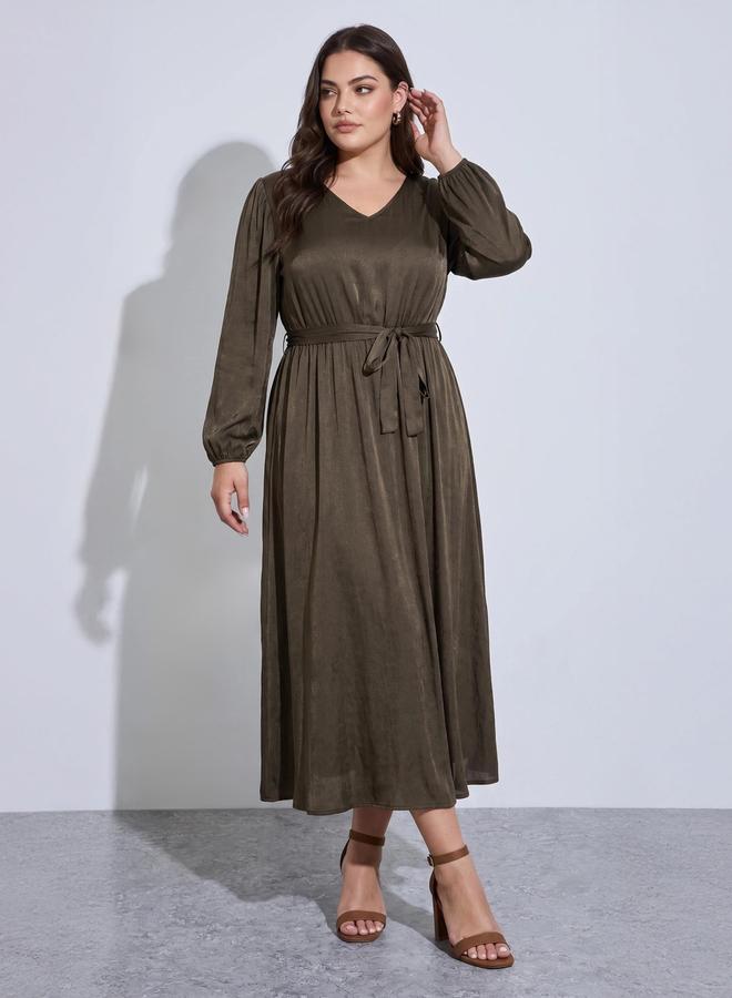 Styli Plus Size Brown Solid Tie-Up Waist Satin A-Line Maxi Dress - Image 1
