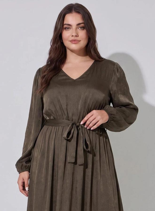 Styli Plus Size Brown Solid Tie-Up Waist Satin A-Line Maxi Dress - Image 2