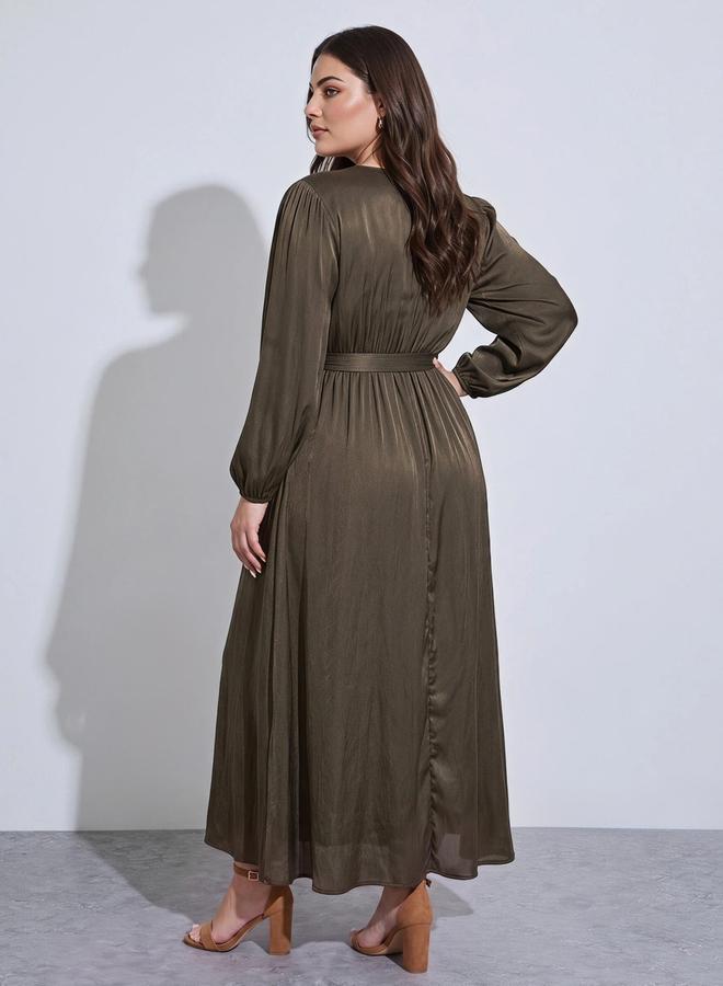 Styli Plus Size Brown Solid Tie-Up Waist Satin A-Line Maxi Dress - Image 4