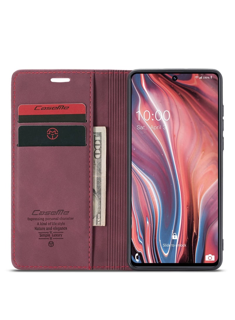 CaseMe Phone Case Luxury PU Leather Design 013 Flip Cover Card Slot Holder Cover For Samsung Galaxy M51 (Wine Red)  - Image 3