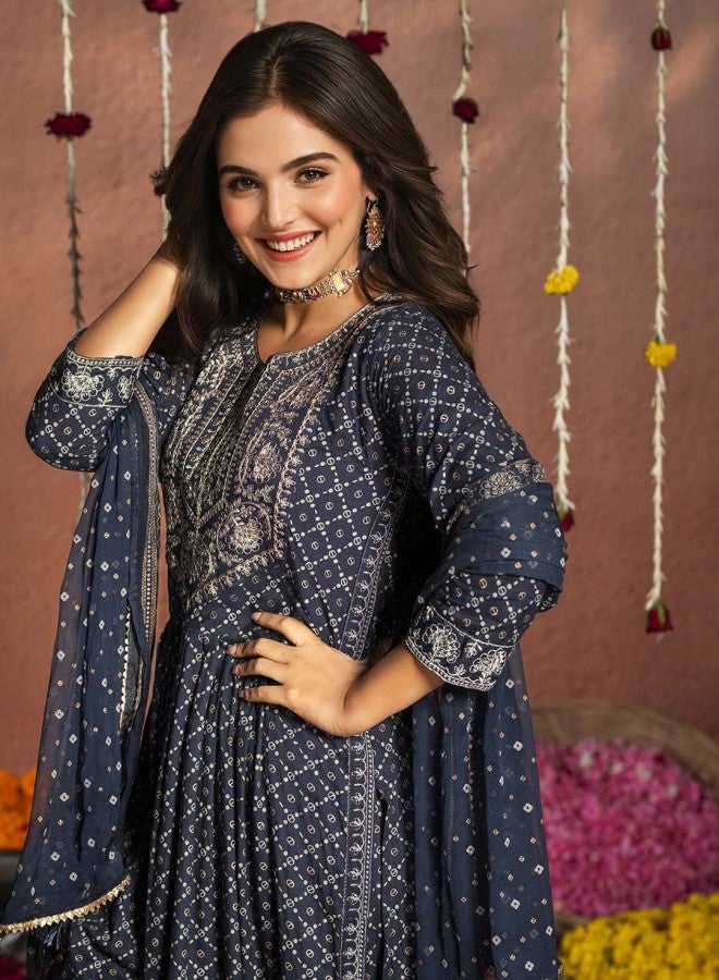 ISHIN Women'S Navy Rayon Self Design Full Length Palazzo Kurta Set - Image 1