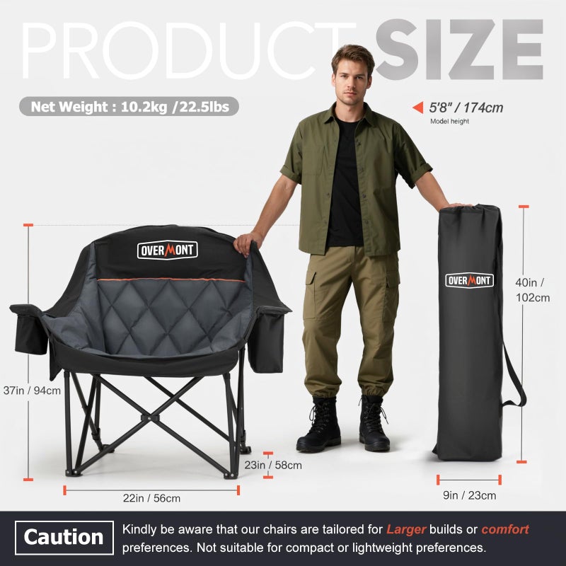 Overmont Oversized XL Camping Chair for Adults - 400lbs Support Heavy-Duty Padded Folding Chair with Side Pocket Cup Holder Cooling Bag for Outdoor Sports Garden Beach Fishing Lawn Black - Image 3