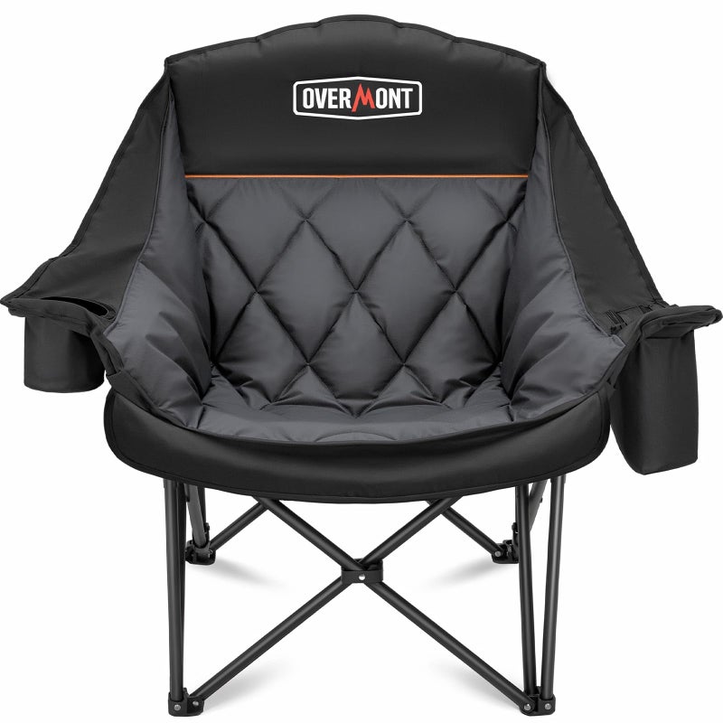 Overmont Oversized XL Camping Chair for Adults - 400lbs Support Heavy-Duty Padded Folding Chair with Side Pocket Cup Holder Cooling Bag for Outdoor Sports Garden Beach Fishing Lawn Black - Image 1
