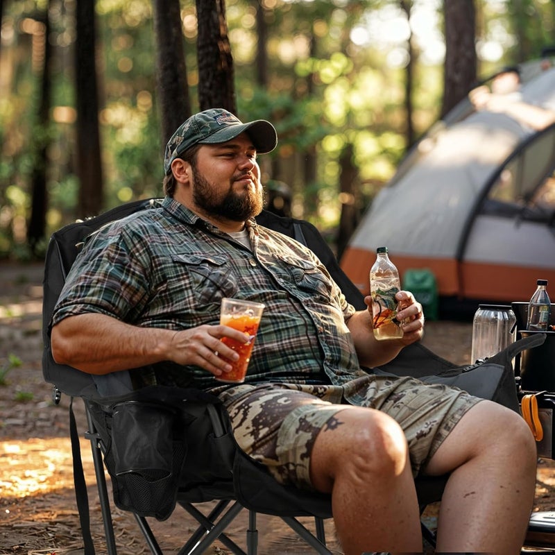 Overmont Oversized XL Camping Chair for Adults - 400lbs Support Heavy-Duty Padded Folding Chair with Side Pocket Cup Holder Cooling Bag for Outdoor Sports Garden Beach Fishing Lawn Black - Image 2