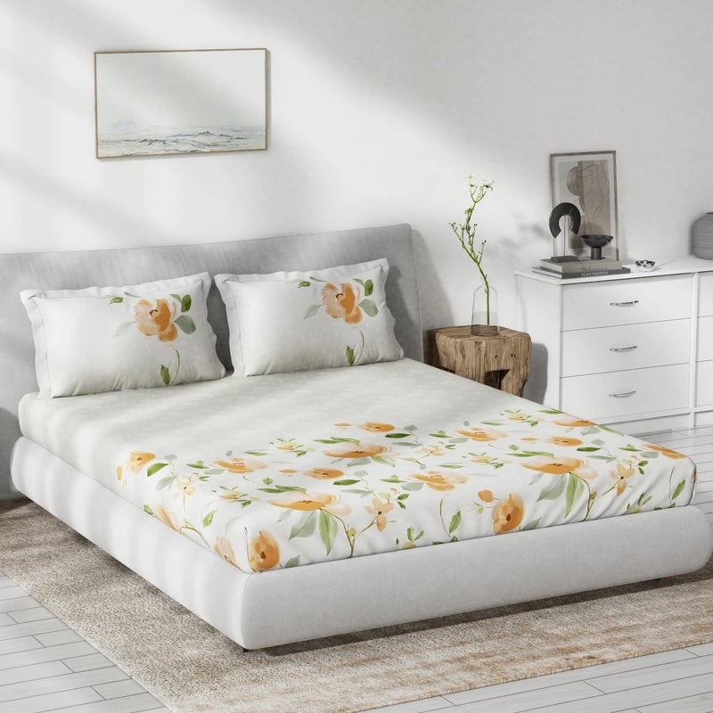 DDECOR Live beautiful DDECOR Pack of 1 Syrah Floral Cotton Double Bedsheet with 2 Pillow Covers Orange 