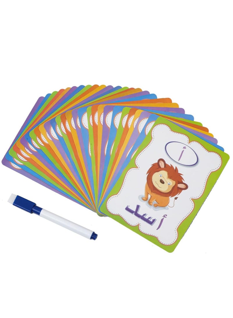 Arabic Alphabet Flashcards 28 PCS Colorful Early Word Education Toys Learning Resource Interactive Set with Marker Pen for Kids Practicing, Writing(Arabic) - Image 1