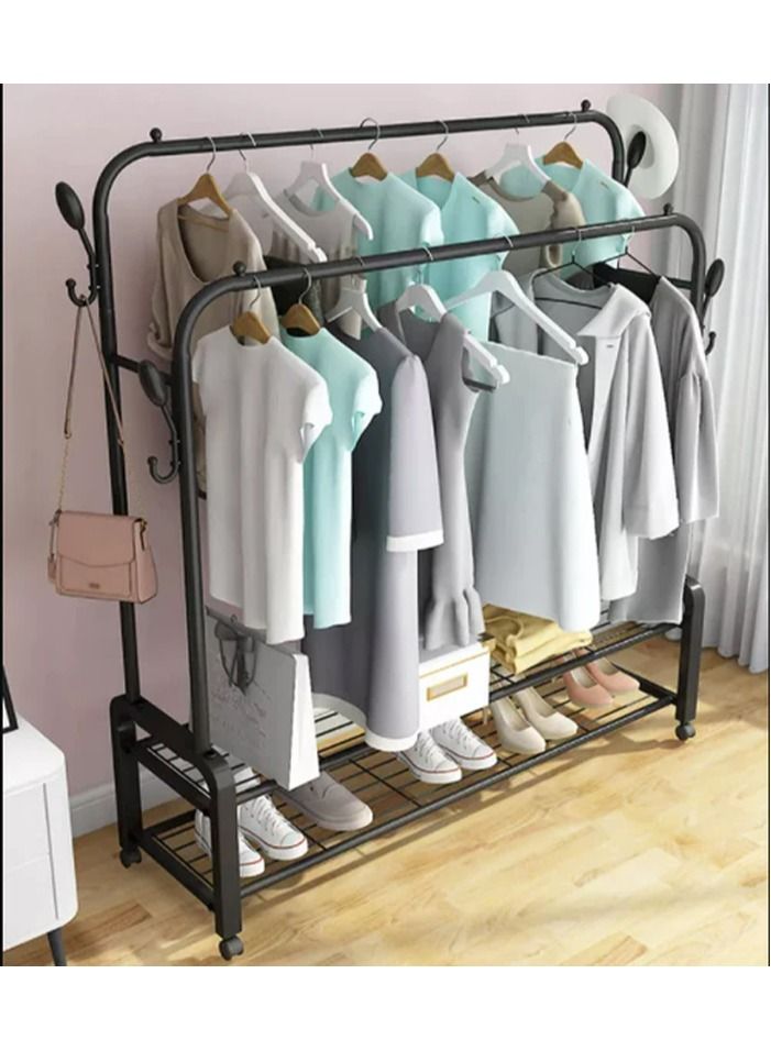 Clothes Storage Drying Rack Foldable Double Pole, With Hooks and Shoe Rack - Image 3