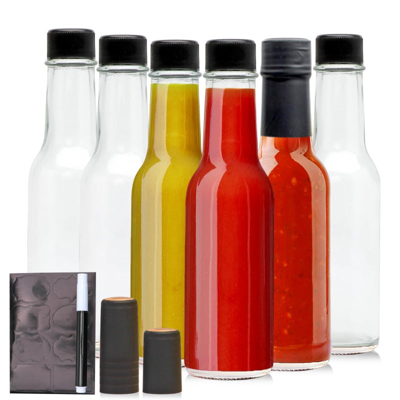 Brajttt 5oz Glass Bottle Clear Woozy Bottles with Shrink CapsulesEmpty Small BeverageCanning Bottles with Black Caps for Kitchen and Party6 Pack