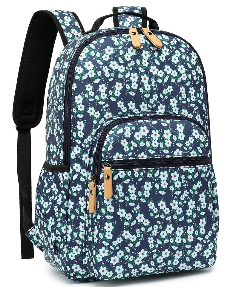 Leaper Water-resistant Floral Laptop Backpack Women Travel Bag Bookbags Satchel (Dark Blue-White Flower2) - Image 1