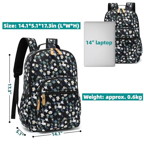 Leaper Water-resistant Floral Laptop Backpack Women Travel Bag Bookbags Satchel (Dark Blue-White Flower2) - Image 2