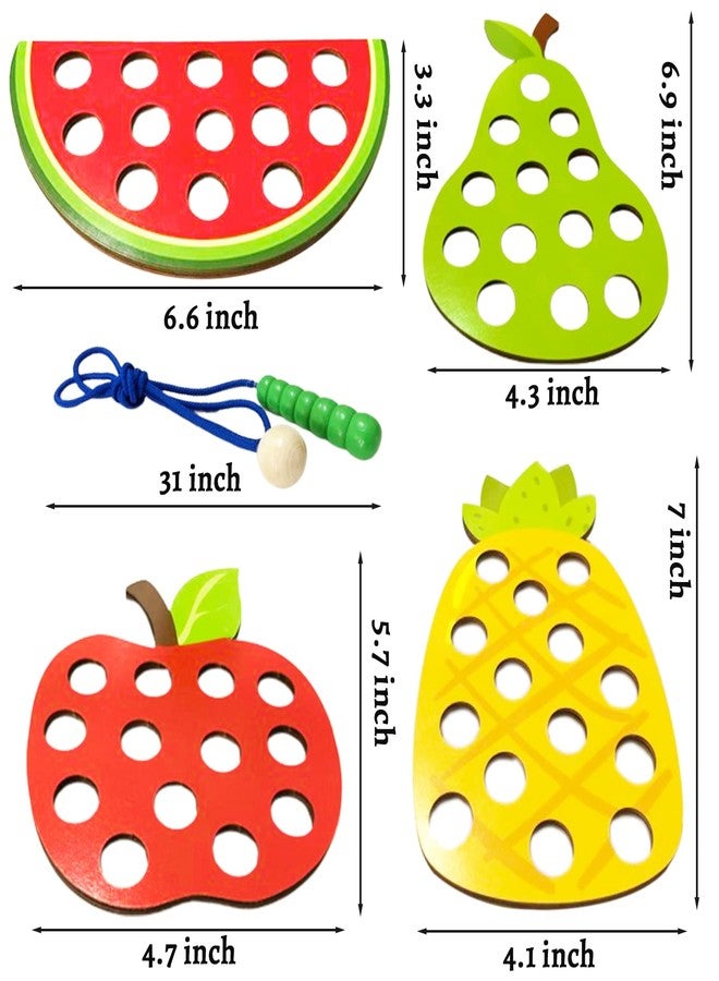 Fvcisshhu 4 Pack Wooden Lacing Toy,Educational Threading Activity Puzzles,Learning Fine Motor Skill Travel Toy,Wooden Fruit Threading Set for Toddlers Kids 3 4 5 Year 1 Apple,1 Watermelon,1 Pineapple,1 Pear - Image 3