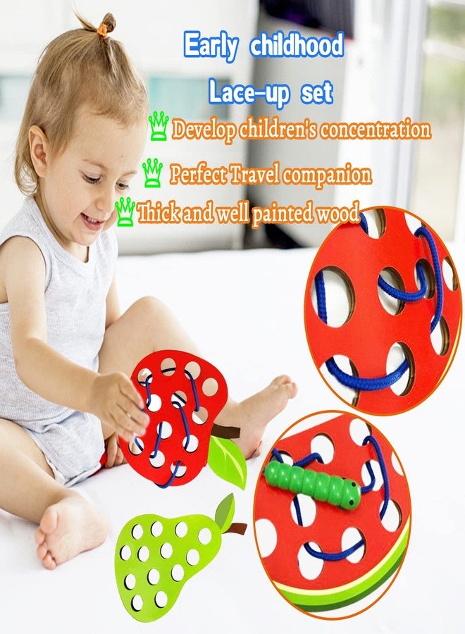 Fvcisshhu 4 Pack Wooden Lacing Toy,Educational Threading Activity Puzzles,Learning Fine Motor Skill Travel Toy,Wooden Fruit Threading Set for Toddlers Kids 3 4 5 Year 1 Apple,1 Watermelon,1 Pineapple,1 Pear - Image 5