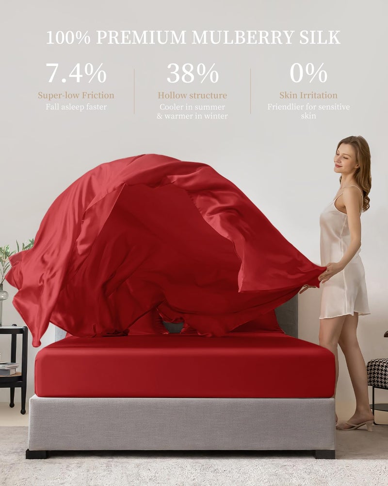 THXSILK 100% Mulberry Silk Sheet Set, 7A+ Silk Sheet Set Soft Breathable, Luxury Bedding (1 Flat Sheet, 1 Fitted Sheet, 2 Pillow Shams) Queen, Red - Image 3