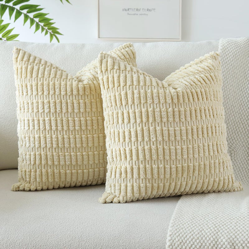 JOTOM Set of 2 Corduroy Soft Striped Cushion Covers 45x45 cm Decorative Throw Pillow Covers Square Cushion Case Home Boho Decor Pillow Cases for Couch Sofa Bedroom 18x18 Inch Tan
